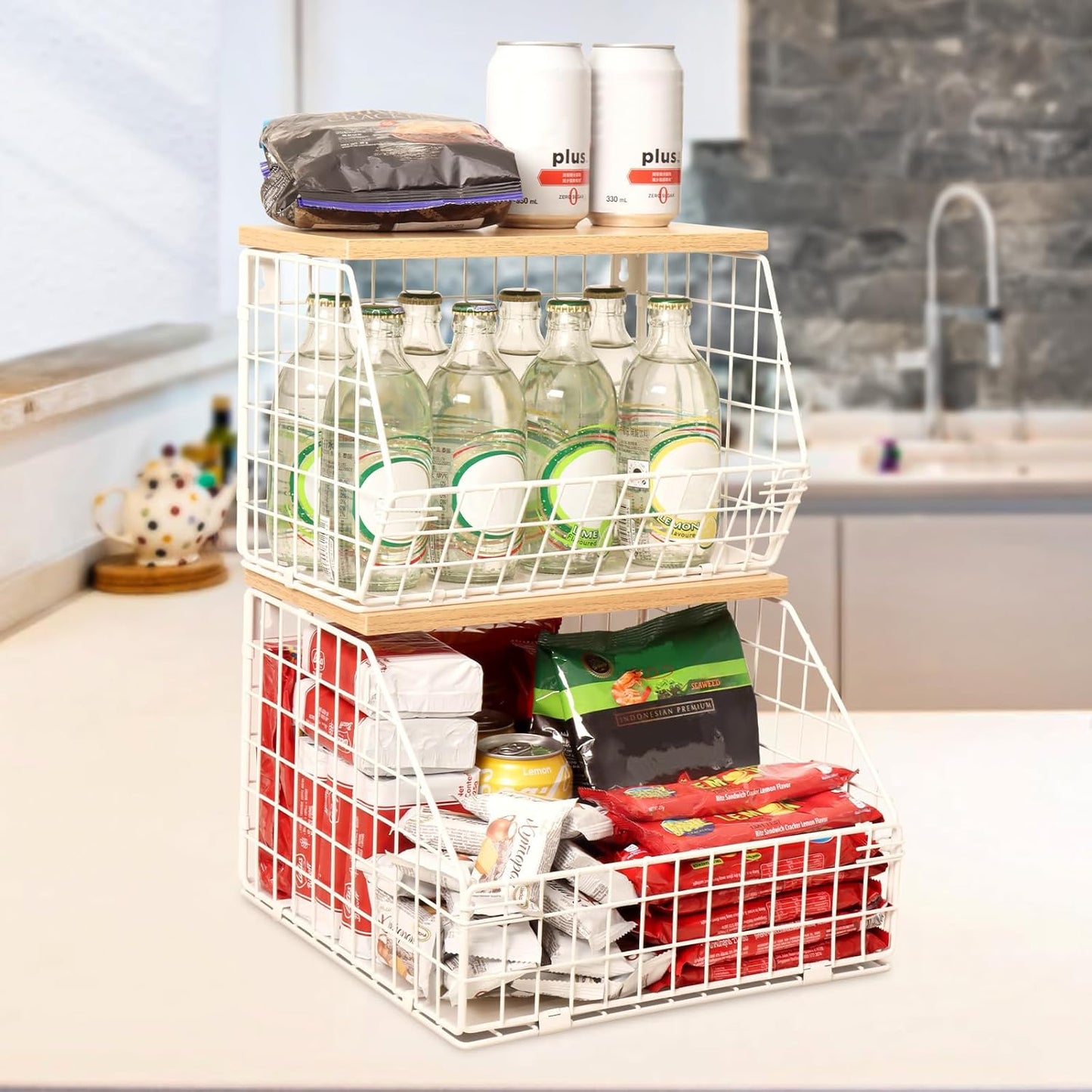 White Fruit Bowl, 2-Tier Fruit Basket for Kitchen Counter, Stackable Wall Mounted Veggie Storage, Snack Organizer, Potato and Onion Storage Basket, Hanging Pantry Organizer with Wood Lid, 2 Set