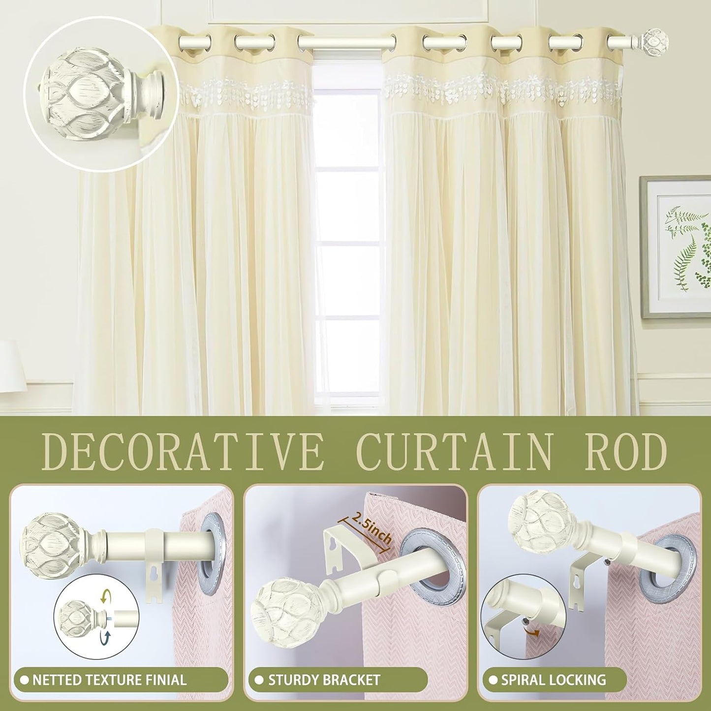 White Farmhouse Curtain Rods for Windows:Heavy Duty Adjustable Curtain Rod for Bedroom Living Room,Boho Decorative Rustic Drapery Rods with Vintage Coastal Finials,Antique White 2 Pack 18-45"