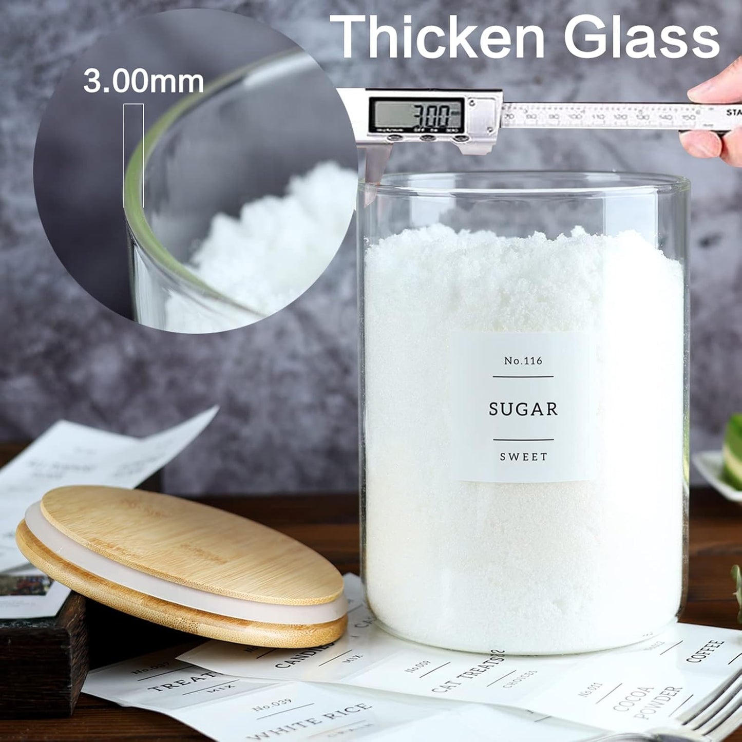 Large Glass Flour and Sugar Containers Jars with Bamboo Airtight Lid - 100 Fl Oz (3000ml) with Kitchen 42 Pantry Labels for Dry Food, Flour, Pasta, Cereal