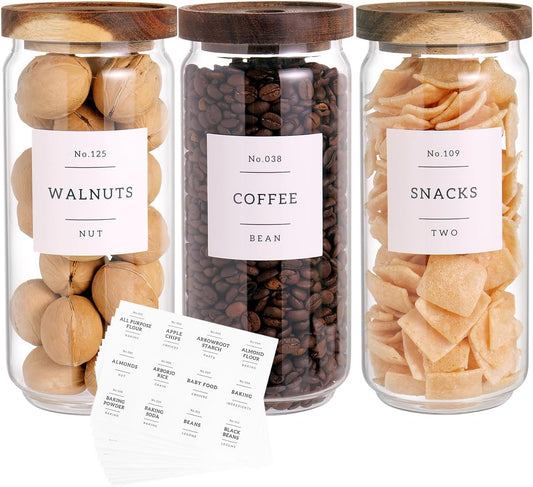 3 Set Glass Pantry Storage Jars with Acacia Airtight Lid - 35oz Thicken Glass Kitchen Canisters with 132 Pantry Labels - Clear Food Storage Containers with Wood Lid for Tea,Sugar,Cookie,Pasta