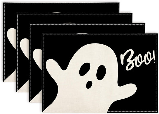 Halloween Ghost Placemats Black Cute Ghost Boo Table Mats 12 x 18 Inch Trick or Treat Kitchen Place Mats for Party Home Dining Table Decoration, Set of 4