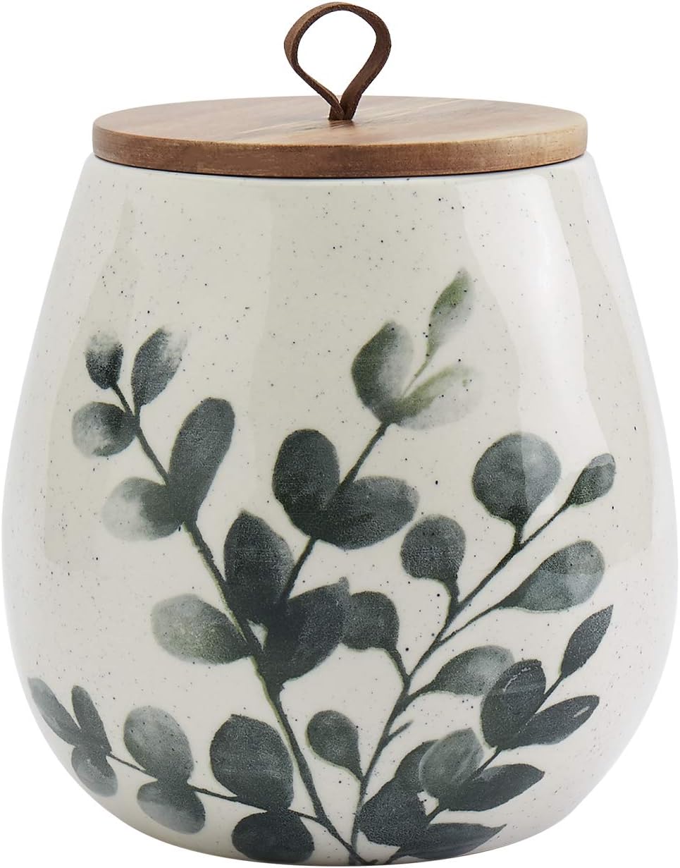 TTU Tabletops Gallery Ceramic Canister Collection- Stoneware Designed Kitchen Storage Acacia Wood White Set, 3 Piece Green Leaf Canister Set