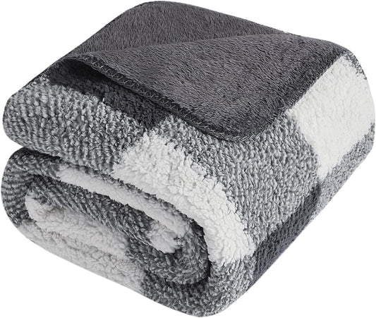 LURKA Checkered Sherpa Fleece Queen-Size Bed Blanket - Extra Thick and Warm Winter Soft Fuzzy Plush Blanket for Couches, Beds & Pets, Smoke Grey, 90x90 Inches