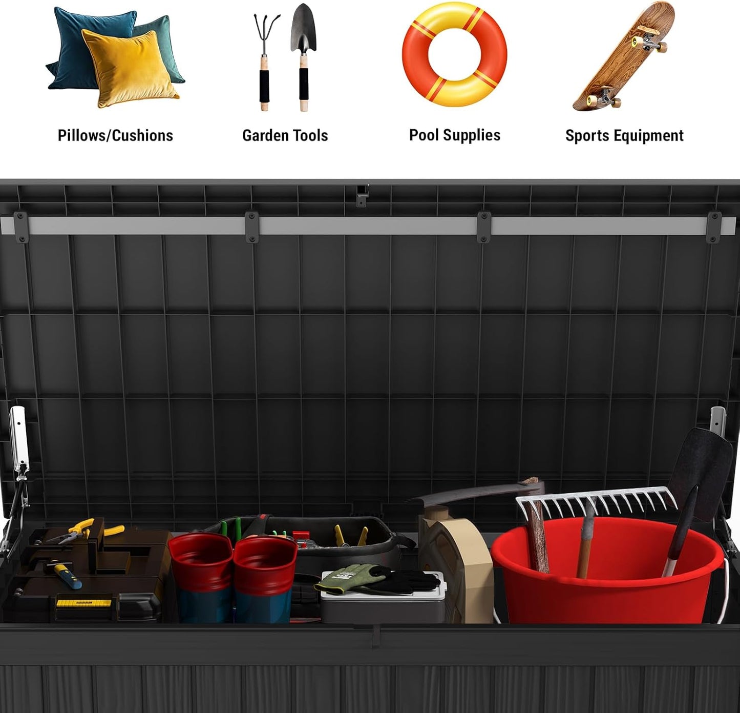 Mars Villa 150 Gallon Outdoor Storage Box Waterproof, Large Resin Deck Box for Outdoor Patio Furniture Cushions, Pool Supplies, Garden Tools, with Hydraulic Hinge, UV-Resistant and Weatherproof, Black