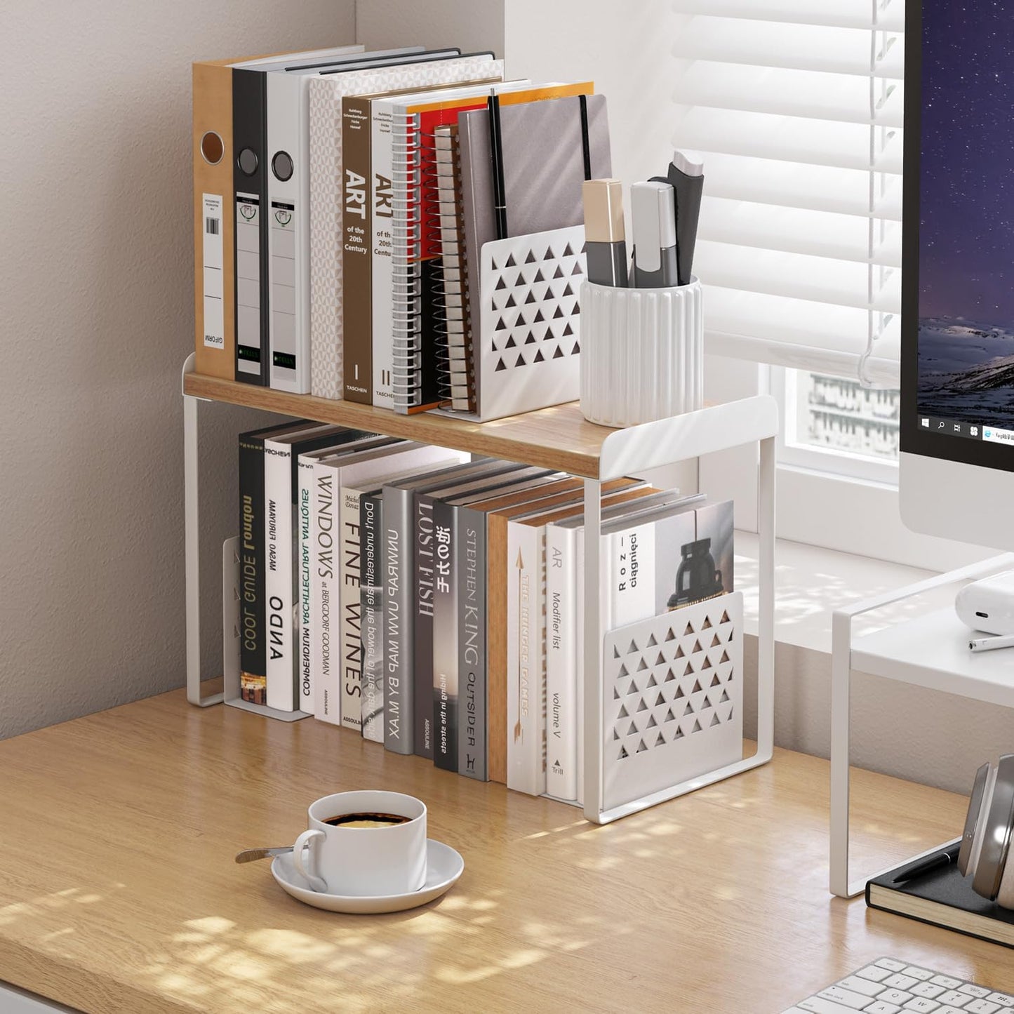 Mitus Shelf Organizer and Storage, Tiered Wood Cabinet Rack for The Kitchen Counter, Bathroom Counter, Pantry Cupboard, Office Desk Bookshelf, 16" Wide Natural and White (Large)