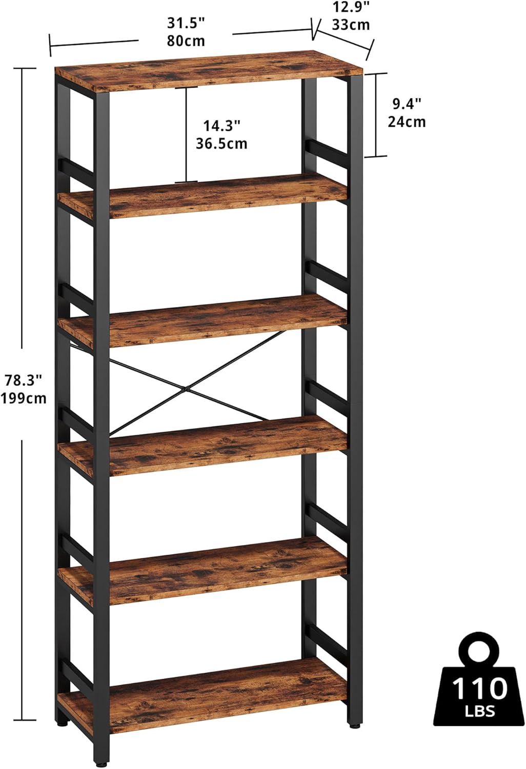 IRONCK Bookshelf, 31.5in Wide Shelf 6 Tier Bookcase, 110lbs/shelf Vintage Industrial Style Bookshelves for Bedroom, Living Room and Home Office, Vintage Brown