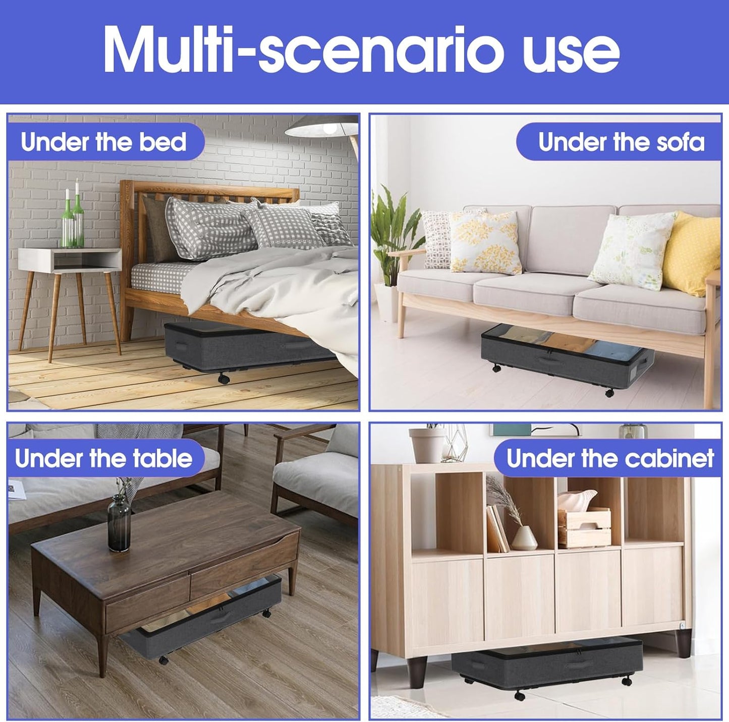 Under Bed Storage with Wheels, 2 Pack Under Bed Storage Containers with Transparent Lid, 50L Large Capacity Underbed Storage Containers, Underbed Storage Bins for Clothes, Shoes, Books, Toys, Black