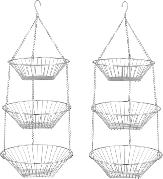 3-Tier Wire Fruit Hanging Basket 2 Packs, non-Punching Wall Hanging Storage, Kitchen Bathroom Organization Basket, Suitable for Bathroom, Kitchen, Closet, Garden, Chrome