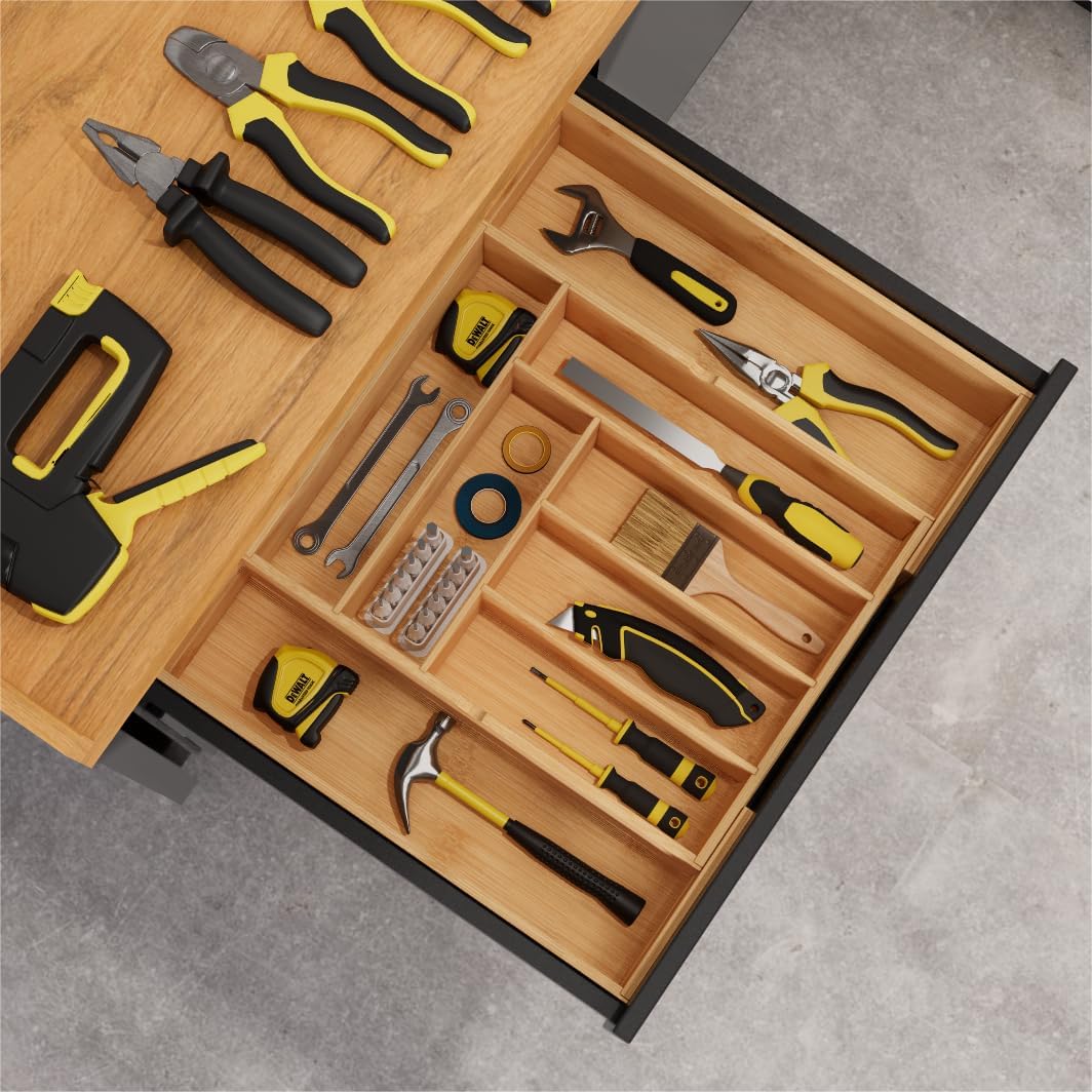 BAMEOS 3.9inch Tall Bamboo Drawer Organizer, Expandable Utensil Holder with 8 Compartments, Adjustable Kitchen Drawer Divider for Flatware, Silverware and Gadgets, Deep Storage for Home and Office