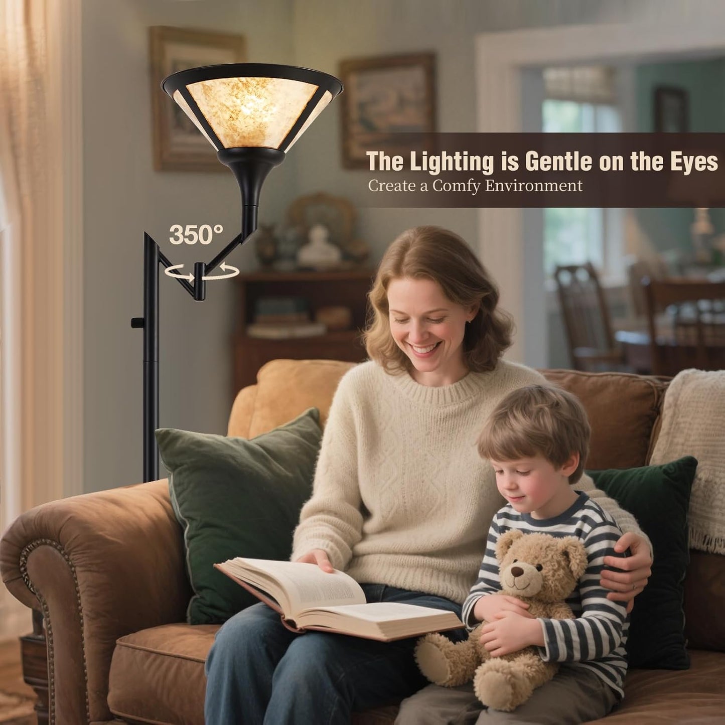 Floor Lamps for Living Room - 70" Black Torchiere Standing Floor Lamp with White Mica Shade - Tall Corner Lamp Decor for Bedroom with Adjustable Swing Arm LED Reading Light for Home Office