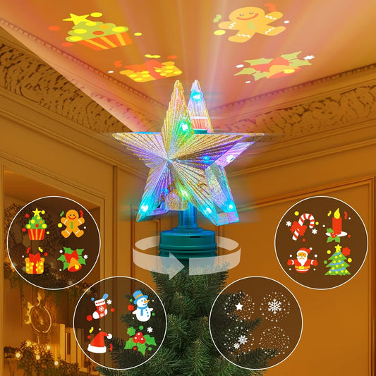 Christmas Star Tree Topper with 4 Projection Modes, Rotating 7 Color Gradient Tree Topper with Built-in LED Rotating Lights, Tree Top with Golden Spangles Plated Plug in for Christmas Decorations