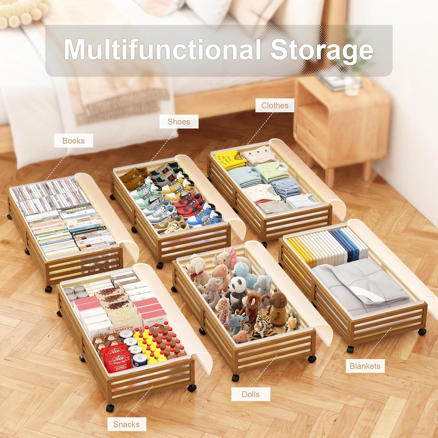 Under Bed Storage with Wheels-Large Bamboo Underbed storage Containers with Large Dust Bag Stackable Under the Bed Shoe Storage Bins for Clothes Books Bedding (2 Packs walnut, 33.07"L×16.54"W× 6.5"H)