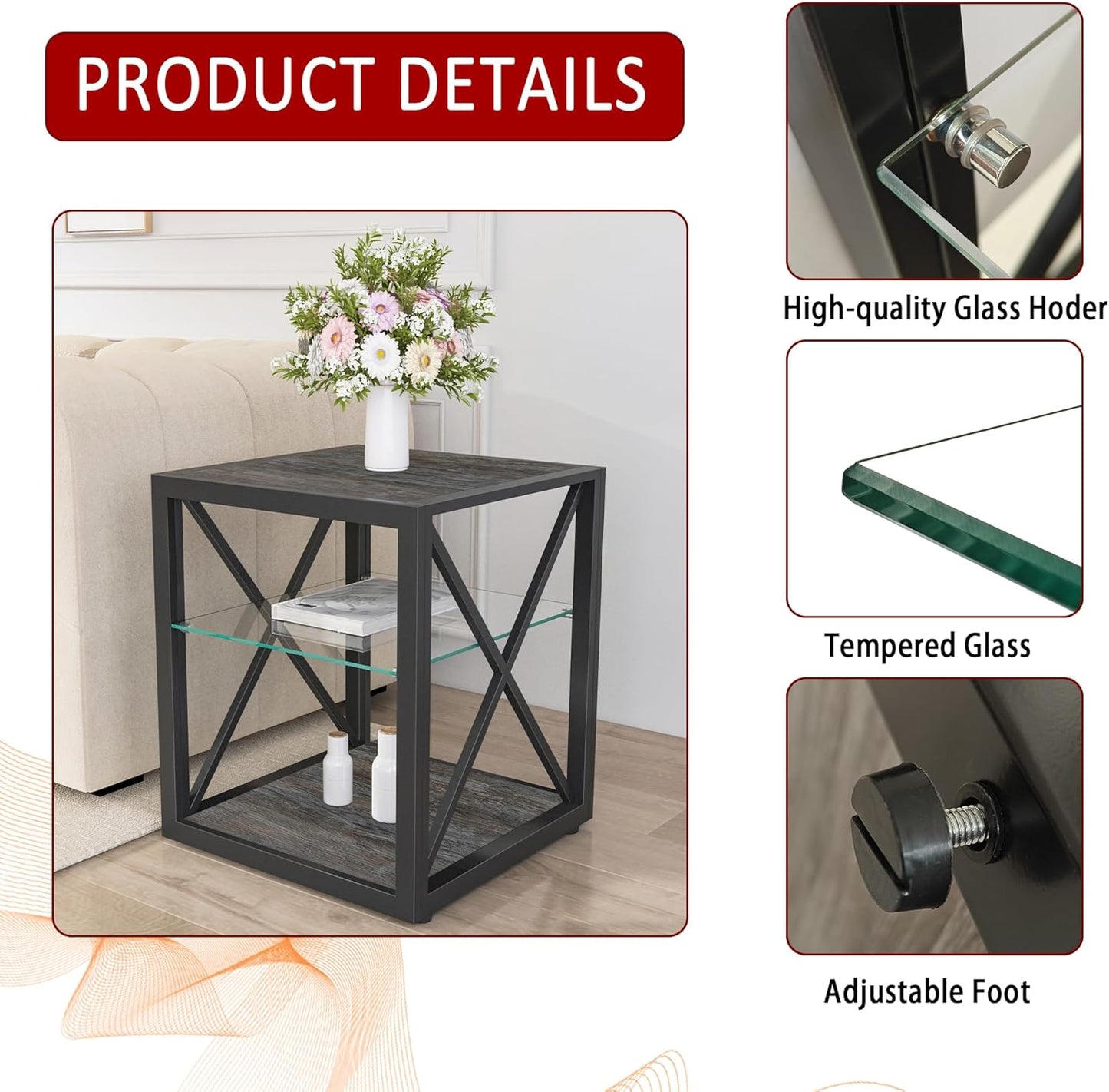 Farmhouse End Table, Modern Side Table with 3-Tier Storage Shelf, Square Rustic Nightstand, Accent Tea Table, for Bedroom Office Living Room, Grey, Natural Wood, Glass, Metal