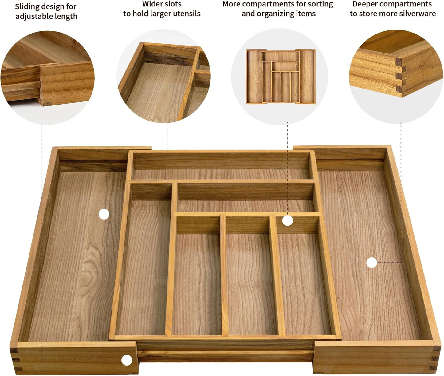 VaeFae Teak Drawer Organizer, Large Silverware Organizer, Expandable Utensil Organizer for Kitchen Drawer, Wooden Cutlery Tray Drawer Dividers Organizer