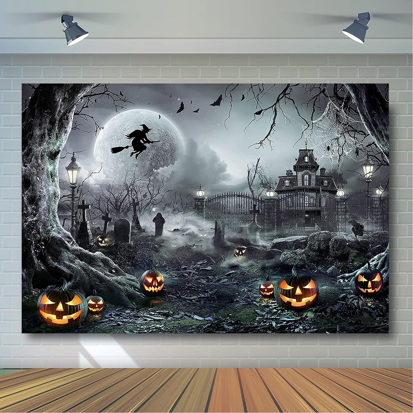 Avezano Halloween Photography Backdrop Full Moon Scary Night Castle Pumpkins Party Background Spooky Witch Bats Cemetery Child Kids Halloween Party Decorations Photoshoot Backdrops (10x7ft, Gray)