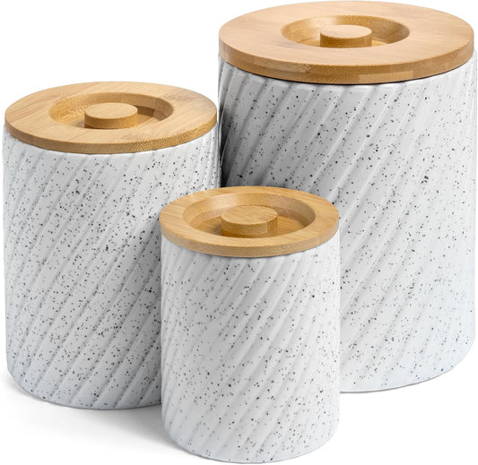 Ceramic Canister Set for Kitchen Countertop & Pantry – 3 Airtight Food Storage Containers for Flour, Sugar & More – Durable White Ceramic with Bamboo Lids