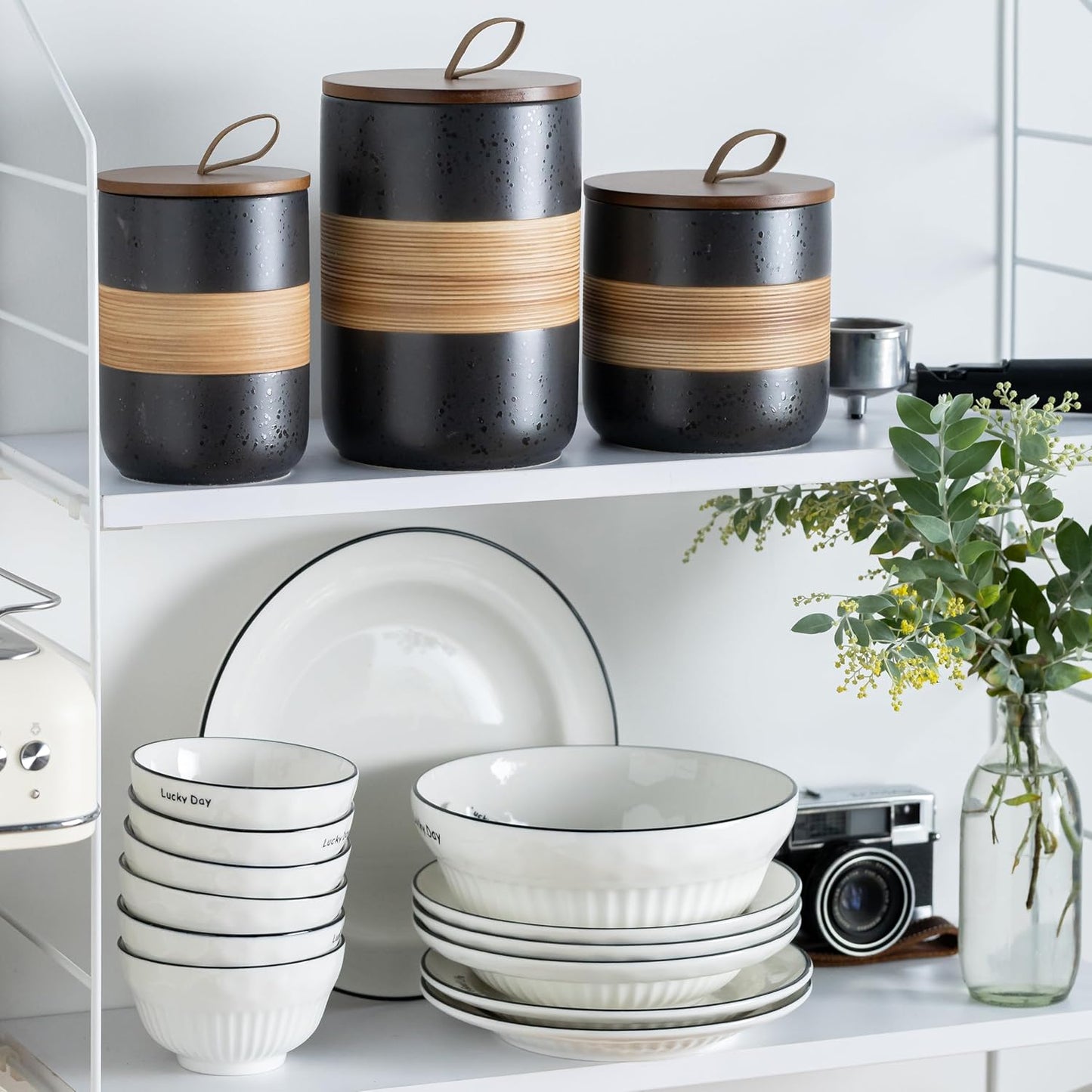 Spice Jars with Lid, Coffee Container Kitchen Food Storage Jars for Spice Sugar Tea Bag, Stackable Decorative Jars for Countertop, Black & 37oz