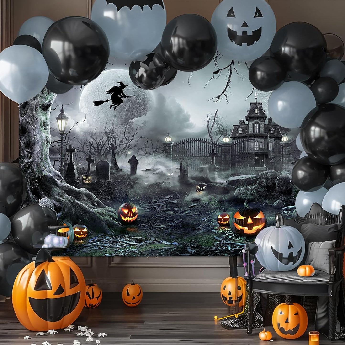 Avezano Halloween Photography Backdrop Full Moon Scary Night Castle Pumpkins Party Background Spooky Witch Bats Cemetery Child Kids Halloween Party Decorations Photoshoot Backdrops (10x7ft, Green)