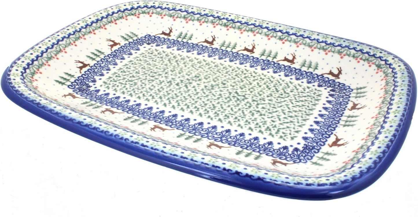Blue Rose Polish Pottery Reindeer Delight Large Rectangular Serving Platter