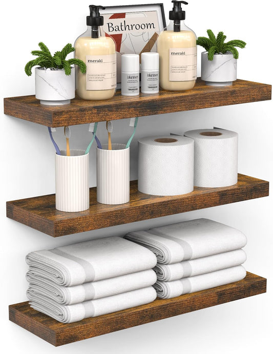 BAYKA Bathroom Floating Shelves for Wall – Bathroom Shelf Over Toilet Farmhouse Rustic Wood for Bedroom, Kitchen, or Living Room Decor – Rustic Brown, Set of 3, Sturdy Storage with 22lb Capacity