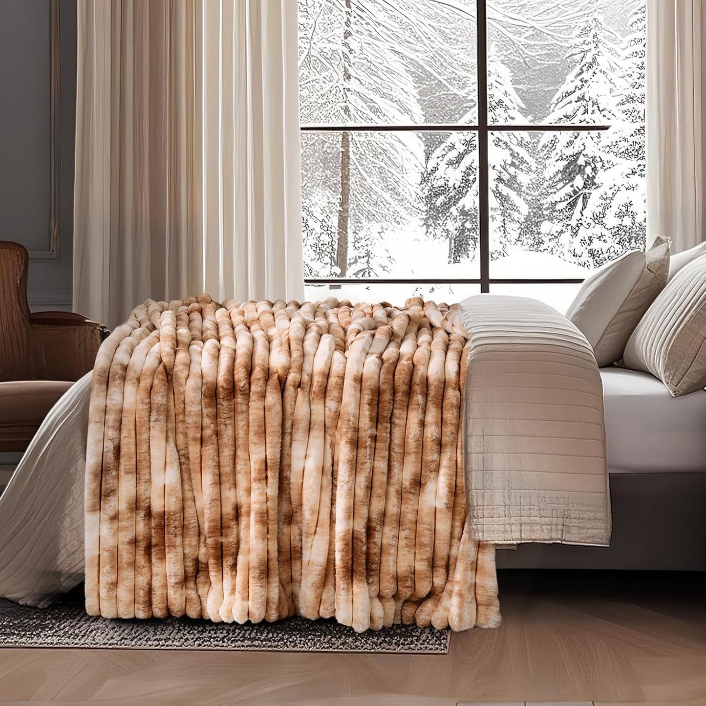 Amélie Home Faux Fur Throw Blanket for Couch, Cozy Fuzzy Fluffy Fur Luxurious Soft Striped Plush Gift Blankets for Family Sofa Chair Bed Living Room Bedroom, 55"x70", Tie-dye Khaki