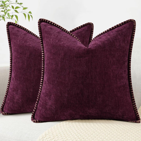 decorUhome Chenille Soft Throw Pillow Covers 24x24 Set of 2, Farmhouse Velvet Neutral Decorative Euro Pillow Covers with Stitched Edge for Couch Sofa Bed Home Decor, Rhododendron