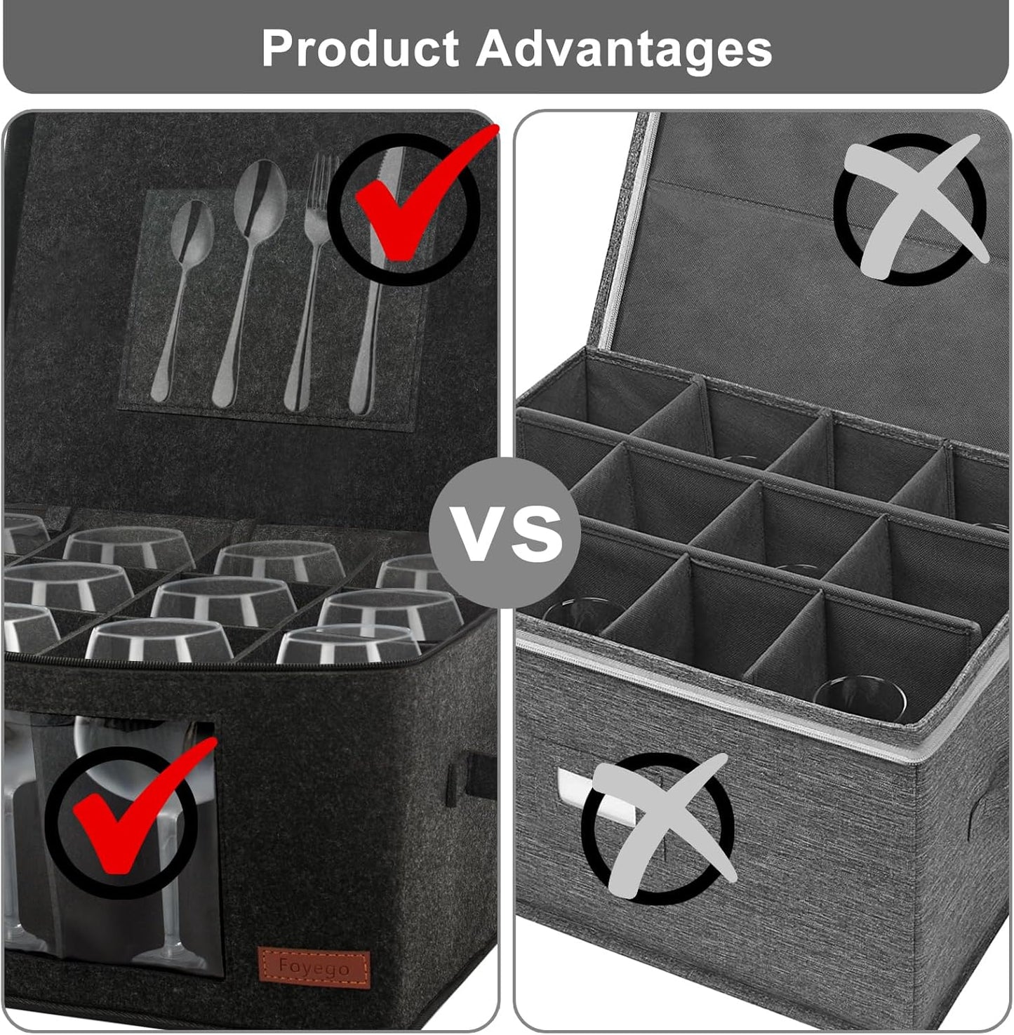 2 Pack Wine Glass Storage Box with Dividers, Stemware Storage Containers for Packing and Moving, China Storage Containers Box for 12 Crystal Glassware, Wine Glasses, Drinkware,Dark Gray