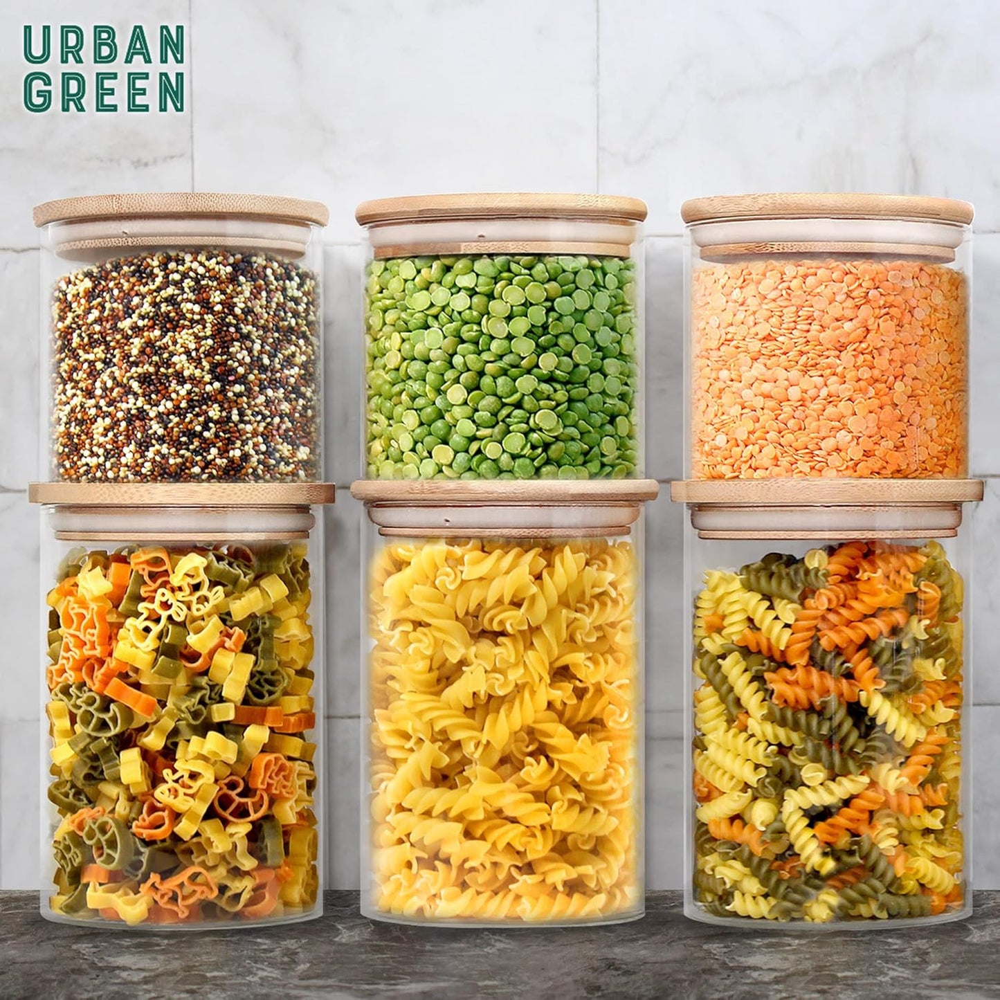 Urban Green Glass Storage Container Bamboo Lids, Glass Airtight Canisters sets, Food Jars, Pantry Organization and Storage Containers, Spice Jars, Flour Canisters of 6