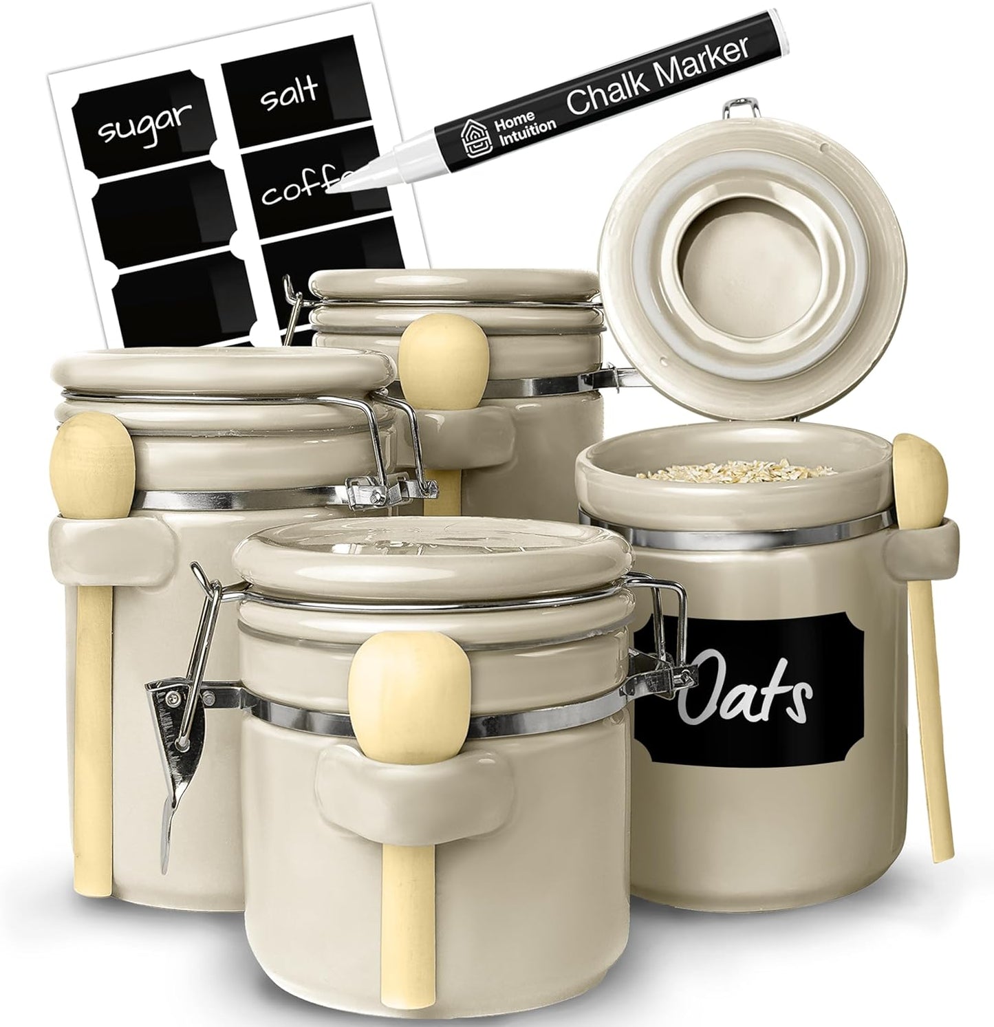 Home Intuition 4-Piece Ceramic Kitchen Canisters Set, Airtight Containers with Wooden Spoons Reusable Chalk Labels and Marker for Sugar, Coffee, Flour, Tea (Off White)