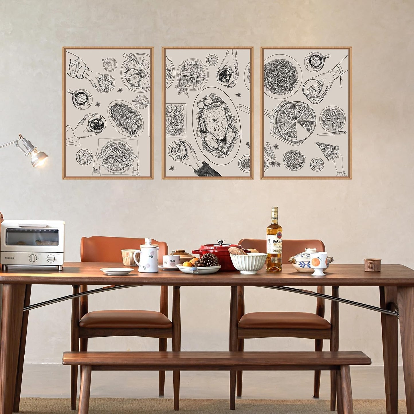 HPINUB Vintage Food and Drink Framed Canvas Wall Art Set,Sketch Pizza Cheers Wall Decor,Thanksgiving Dinner Turkey Artwork,Black and white Art Prints for Kitchen,Dining Room,Gatherings Decor-16"x24"x3