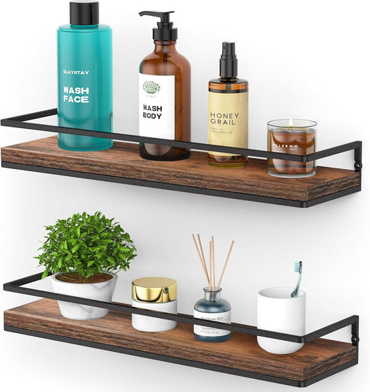 Meangood Floating Shelves Wall Mounted Set of 2, Rustic Wood Wall Storage Shelves for Bedroom,Living Room,Bathroom, Kitchen Rustic Brown