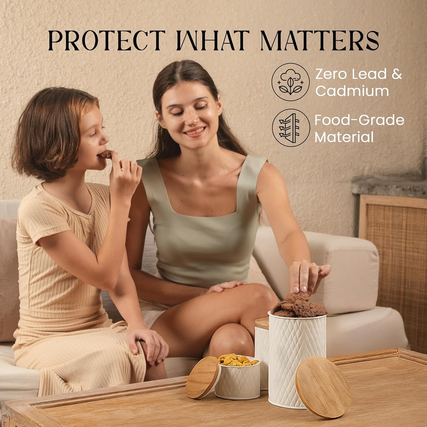 6 Canister Set for the Kitchen Countertop – Metal Food Storage Canisters with Airtight Lids for Flour, Tea, Crafts, Coffee, & Sugar – Container Set with Modern Wood Lids, White