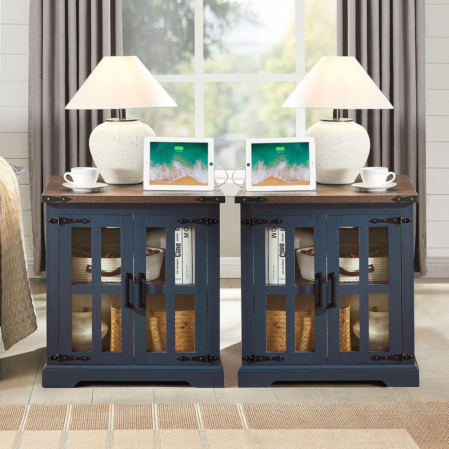 Farmhouse End Table with Charging Station,24" Large Side Table with Glass Barn Door, Rustic Wood Nightstand Bedside Table with Adjustable Storage Shelf for Living Room, Bedroom, Blue,2 Pack