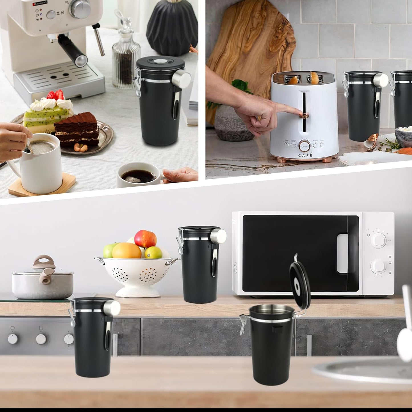 malmo Coffee Canister Set of 3, Airtight Coffee Container with Date Tracker Lid, Stainless Steel Canister for Kitchen Food Storage (Black, 180oz)