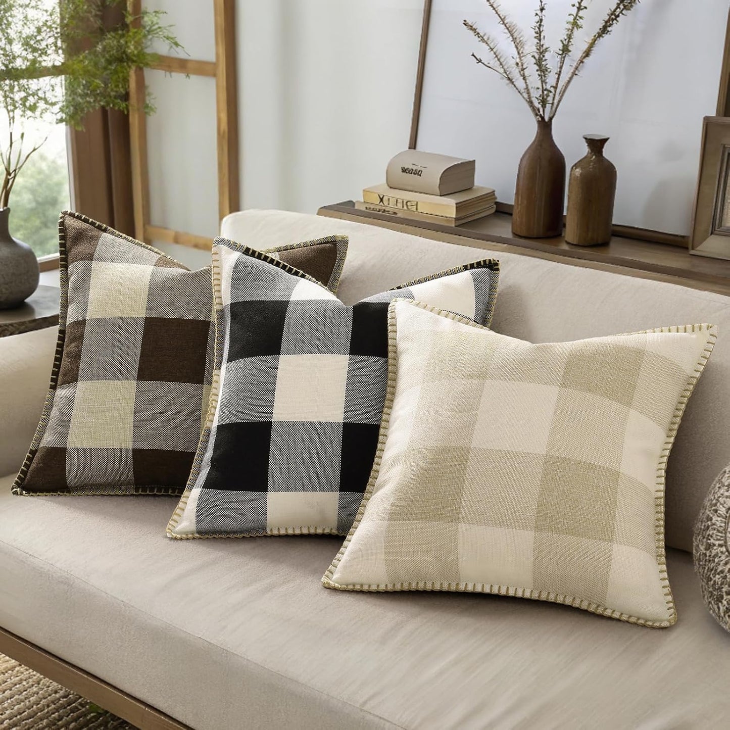 decorUhome Buffalo Plaid Check Throw Pillow Covers 12x20 Set of 2, Outdoor Lumbar Decorative Farmhouse Neutral Pillow Covers with Stitched Edge for Bed Couch Sofa, Black and White
