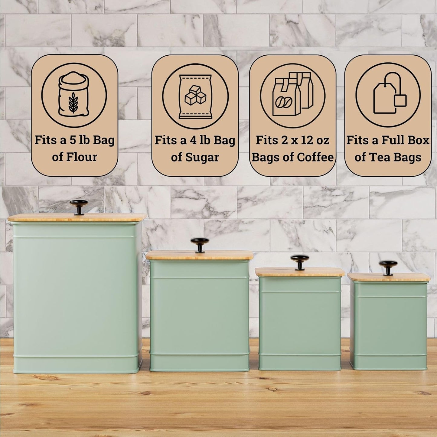 Kitchen Canisters for Countertop Set of 4 with Customizable Chalkboard Labels & Marker Pen - Big Iron Kitchen Canisters with Airtight Lids - Sage Green Canister Set - Flour and Sugar Containers