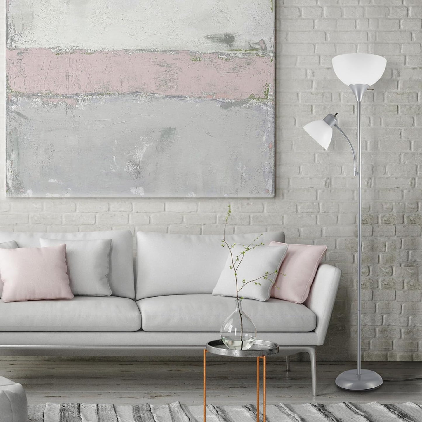 GLOBE Electric 67134 72" Torchiere Floor Lamp and Adjustable Reading Light, Silver, Frosted Shade, Dual Rotary Switch, 3-Step Dimming, Modern Lighting for Living Room or Office, Timeless