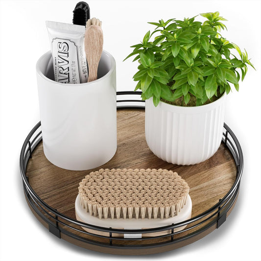 Acacia Wood 9" Bathroom Vanity Tray Turntable, Farmhouse Round Bathroom Countertop Organizer for Soap Perfume, Rotating Organizer for Kitchen Table Centerpieces, Decorative Trays for Coffee Table