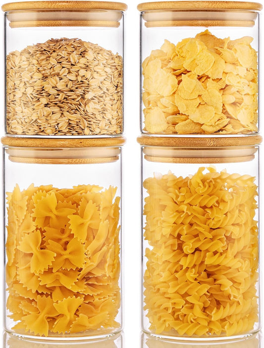 32oz & 21oz - 4 Pack Glass Jars with Bamboo Lids, Glass Pantry Storage Containers with Airtight Lids, Round Air Tigh Food Storage Canisters for Cereal, Pasta, Flour, Sugar, Best for Kitchen Organizer