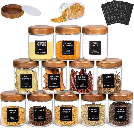 Yangbaga 12Pcs Glass Spice Jars with Labels-8oz Acacia Wood Lid Square Spice Containers,Seasoning Jars for Rack Cabinet Drawer,KitchenPantry Daily Use