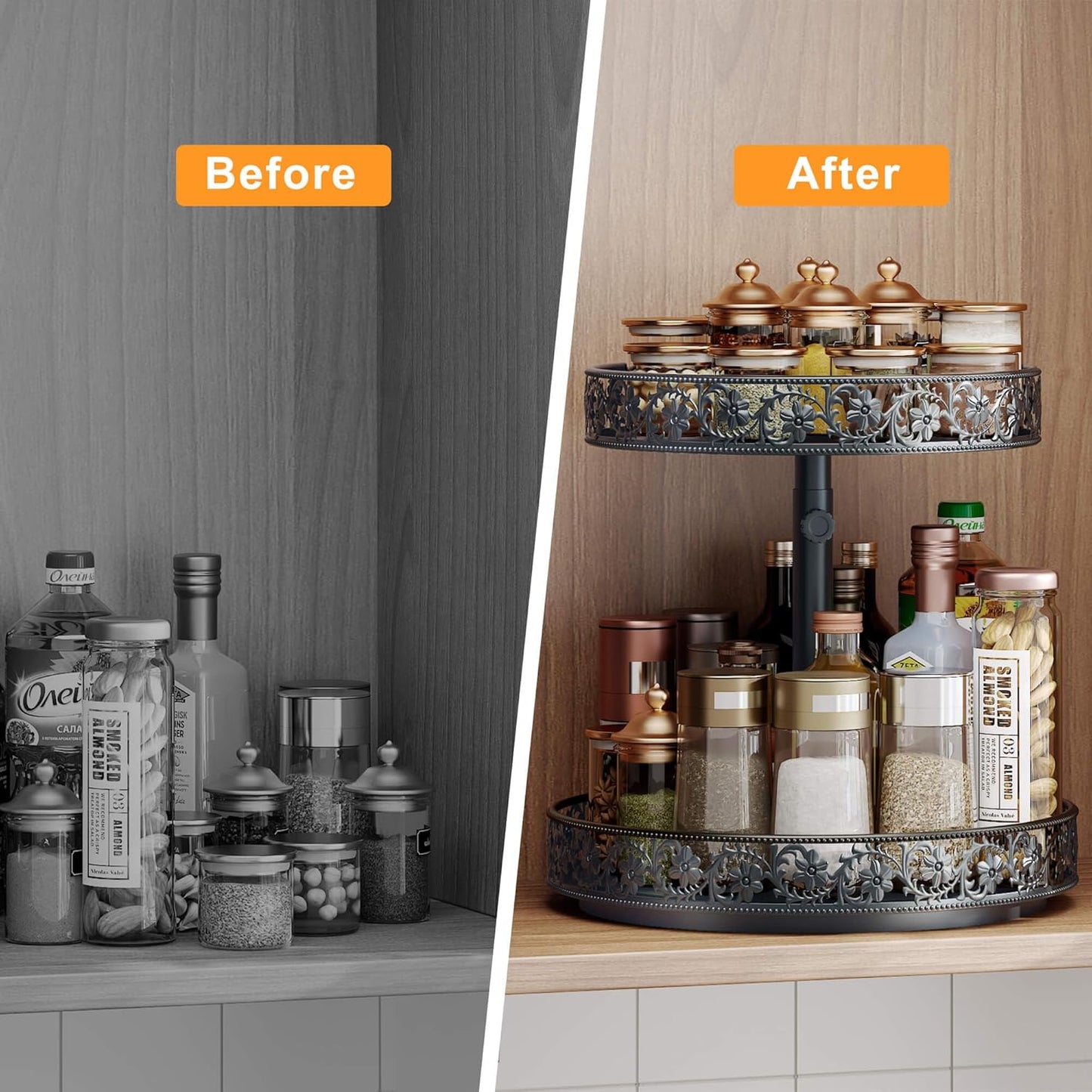 Two Tier Lazy Susan Organizer Turntable Height Adjustable, 2 Tier Lazy Susan 12 Inch Metal Easy Assembly, Spice Rack Organizer Rotating for Cabinet Dining Table Top Kitchen Countertop Black