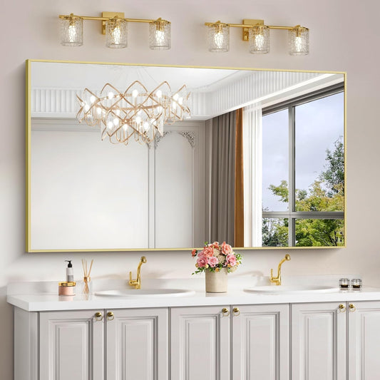 30x55In Gold Bathroom Mirror for Wall, Brushed Gold Rectangle Mirrors with Metal Frame, Bathroom Rectangular Mirror Modern Wall Mirror for Bedroom Living Room, Hangs Horizontal or Vertical