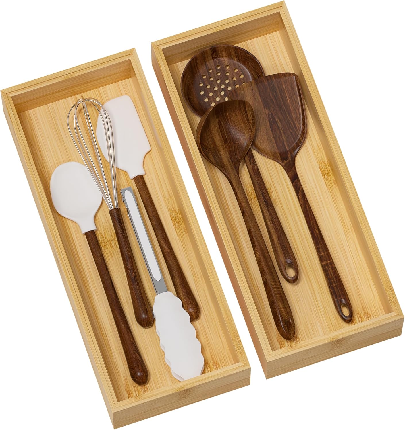 Kitchen Drawer Organizer Bins, Stackable Bamboo Deep Drawer Organizer for Silverware, Utensils, Cutlery, Flatware, Junk Drawer, Dresser, Bathroom, 15" x 6" x 2.5" (Set of 2)