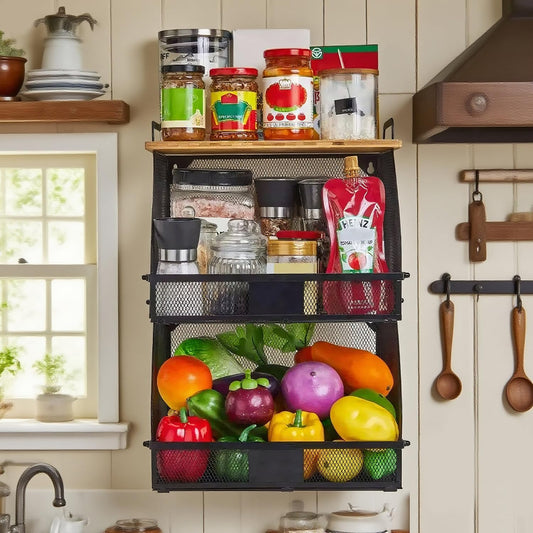 2 Tier Stackable Hanging fruit basket for kitchen counter,hanging Wall baskets with Bamboo Tops & Tag,Wire basket for Cabinet Shelf Countertop Pantry Organizer Bins, onion potato Vegs Bread Organizing
