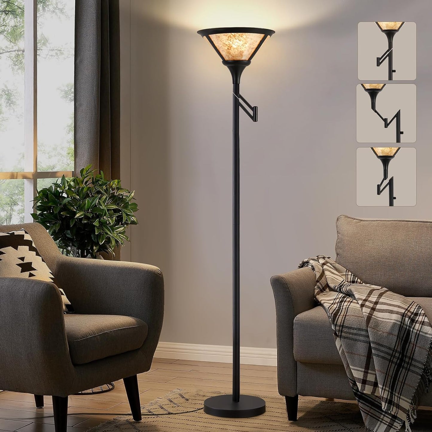 Floor Lamps for Living Room - 70" Black Torchiere Standing Floor Lamp with White Mica Shade - Tall Corner Lamp Decor for Bedroom with Adjustable Swing Arm LED Reading Light for Home Office