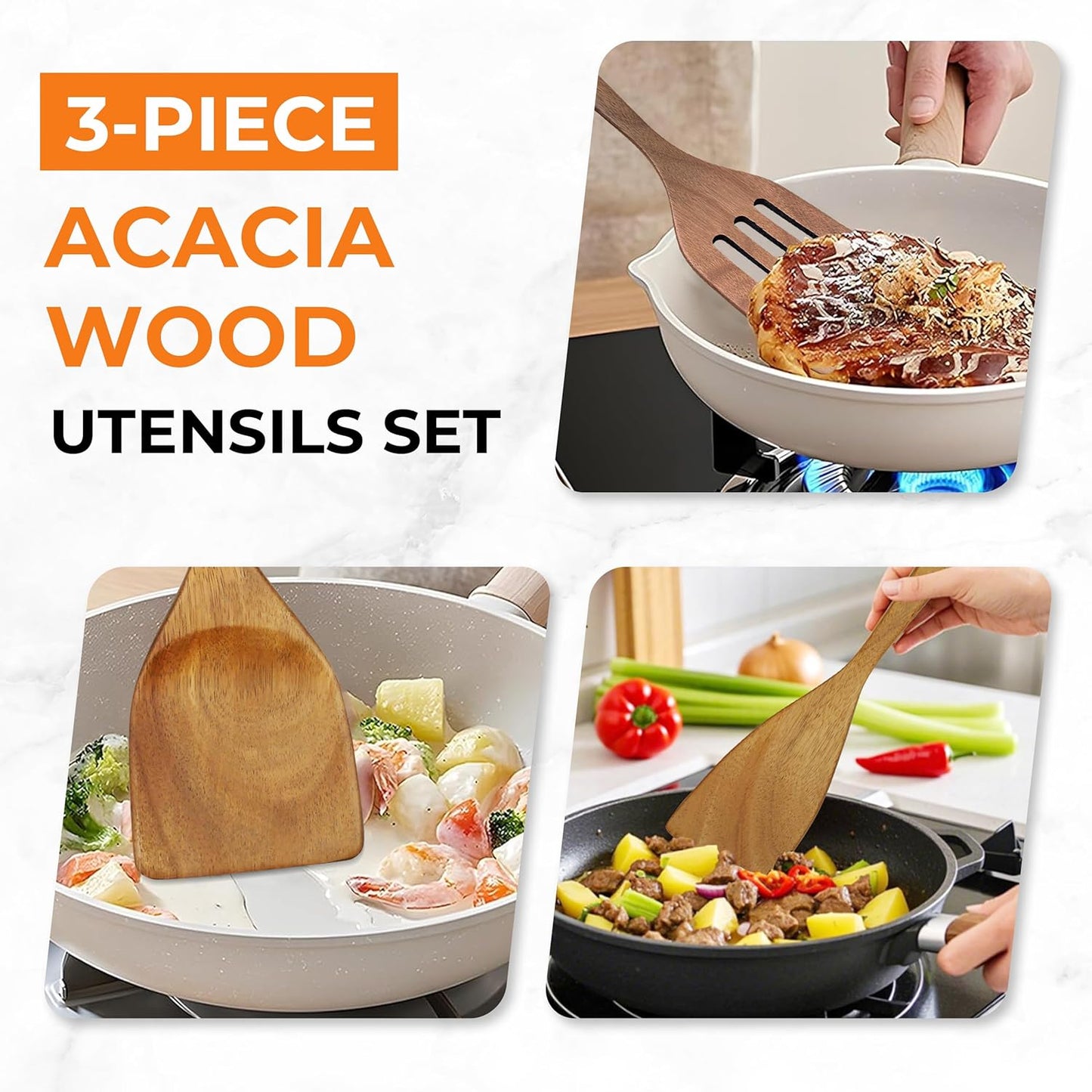 Acacia Wood Spatula Set of 3 - Natural Wooden Cooking Utensils for Nonstick Pans, Scratch-Proof & Heat Resistant, Sturdy & Lightweight Kitchen Tools with Hanging Holes