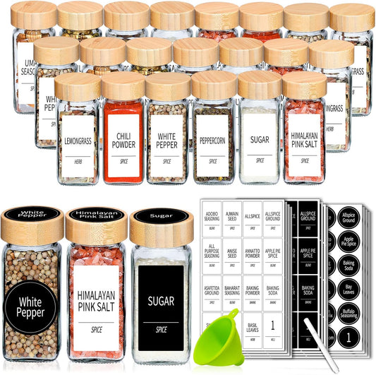 Churboro 24 Spice Jars with Labels & Bamboo Lids - 4 Oz Glass Containers with Shaker Lids, 547 Spice Labels of 3 Different Types Seasoning Jars for Spice Rack, Cabinet, or Drawer