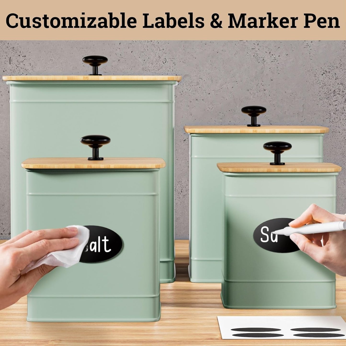 Kitchen Canisters for Countertop Set of 4 with Customizable Chalkboard Labels & Marker Pen - Big Iron Kitchen Canisters with Airtight Lids - Sage Green Canister Set - Flour and Sugar Containers