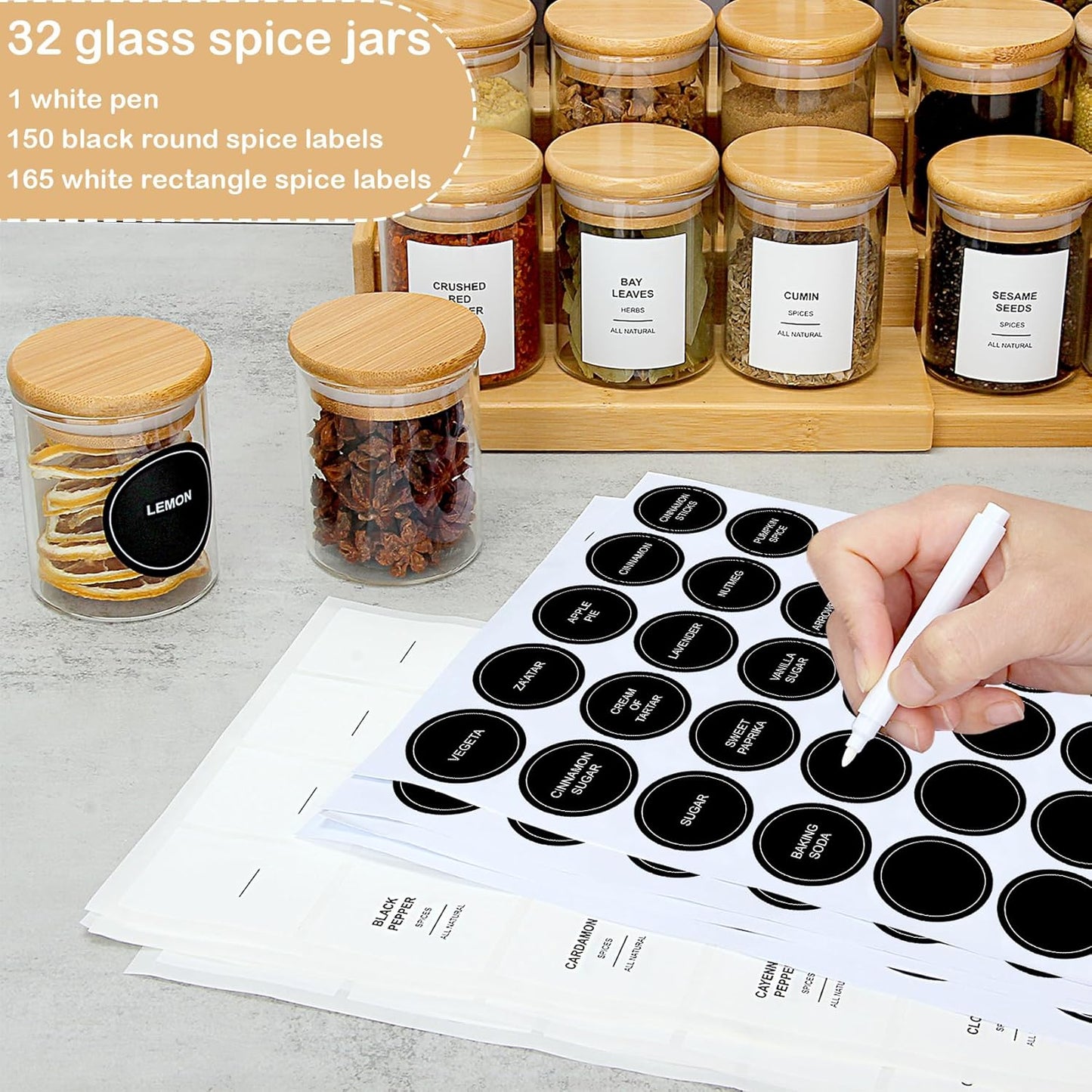 4OZ Glass Spice Jars with Bamboo Lids and 315 Labels, 20 Pcs Clear Food Storage Containers for Kitchen Sugar Salt Coffee Tea Beans