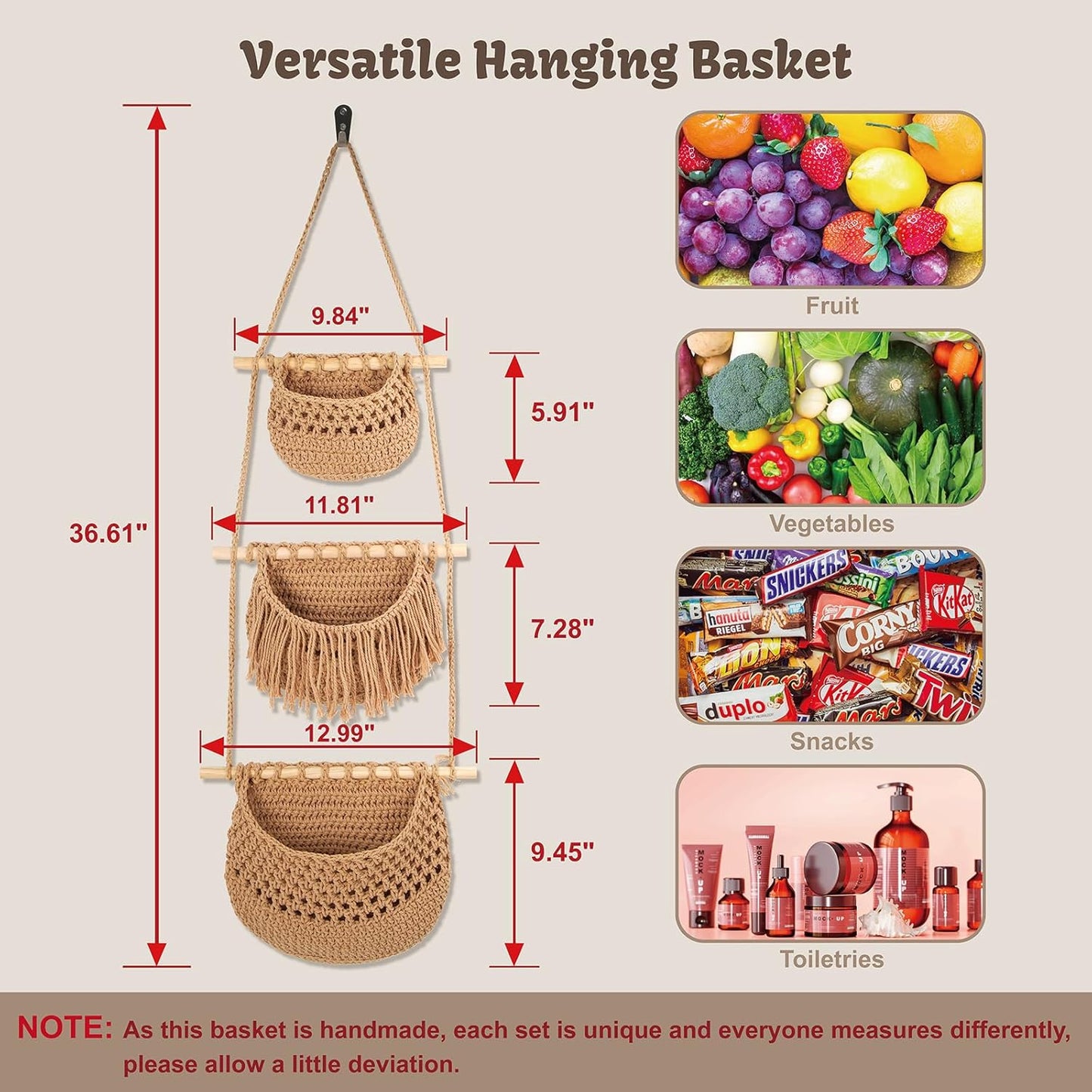 3 Tier Hanging Fruit Basket for Kitchen, Handmade Woven Cotton Hanging Wall Basket for Fruit Vegetable with 6 Hooks, Boho Style Over The Door Organizer for Living Bathroom Bedroom